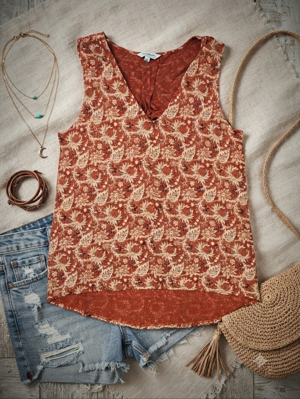 Lucky Brand Red Floral Print Sleeveless V-neck Shirt
